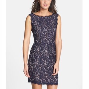Navy Adrianna Papell boatneck lace sleeveless dress